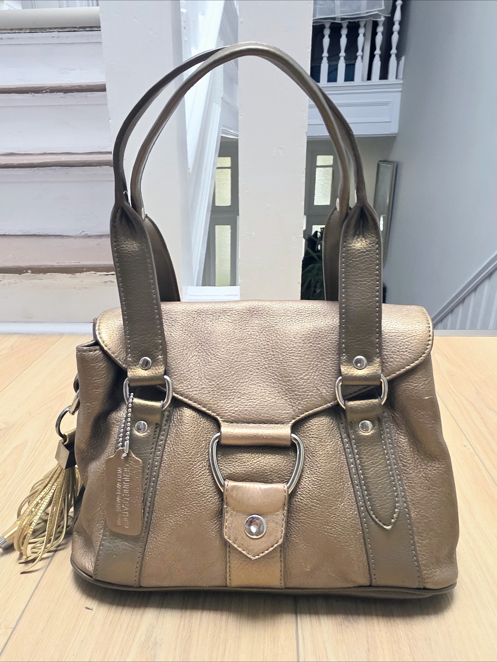 St. John's Bay Metallic Bronze 100% Leather pebbled finish Bag/Satchel + charm